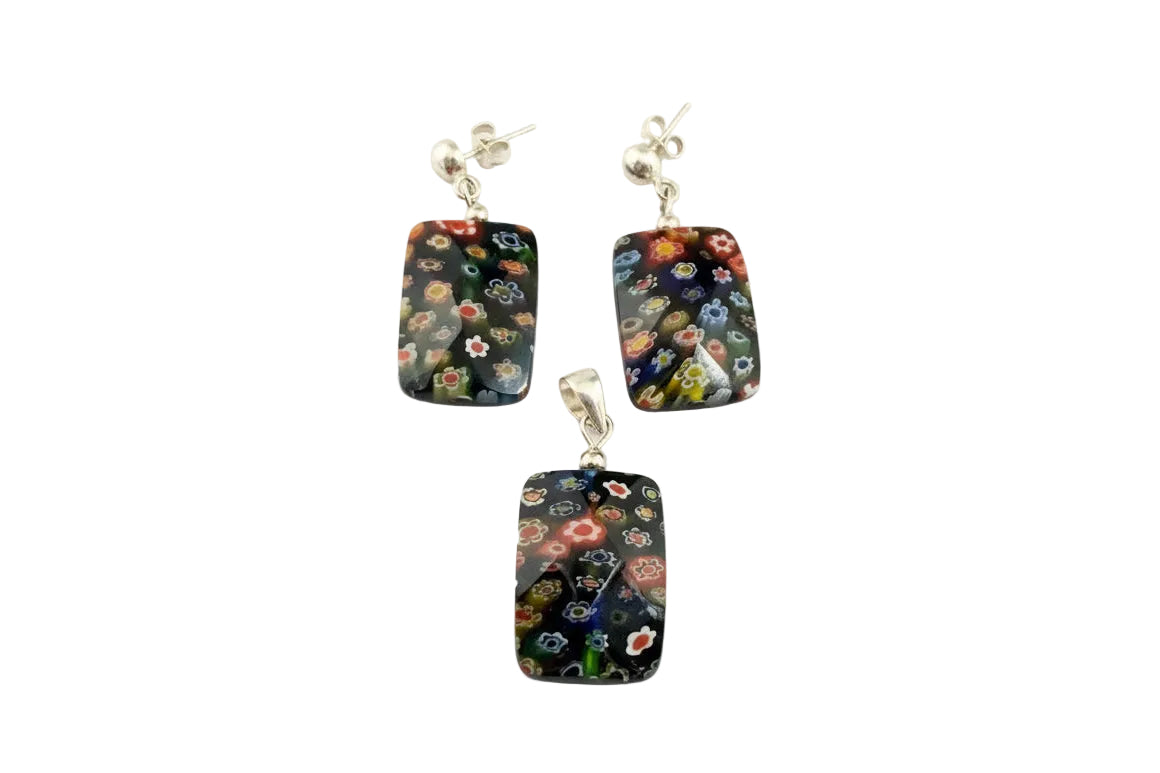 Rectangular Shape 925 Silver Earrings and matching pendant set with Millefiori Glass