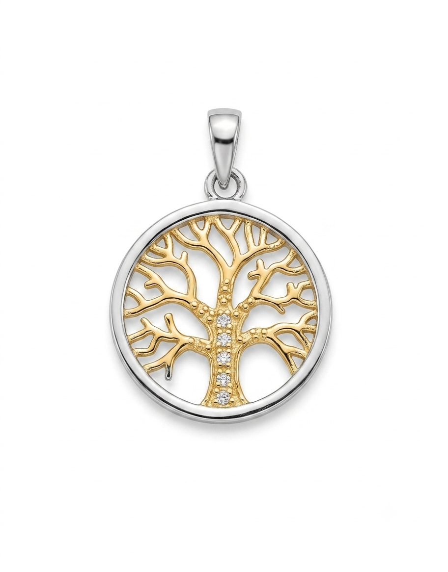 A round pendant featuring a tree of life design in 9ct plated gold and silver-tone metal, with a small cluster of clear stones along the trunk,
