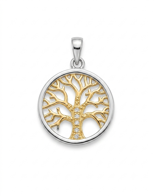 A round pendant featuring a tree of life design in 9ct plated gold and silver-tone metal, with a small cluster of clear stones along the trunk,