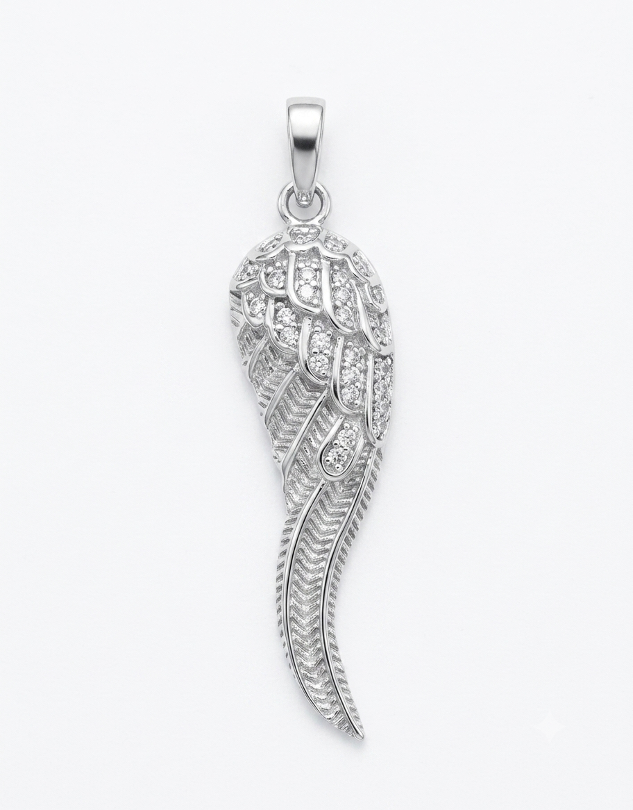 A silver angel wing pendant adorned with clear pavé stones,