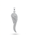 Load image into Gallery viewer, A silver angel wing pendant featuring intricate filigree and pavé detailing with clear stones, 
