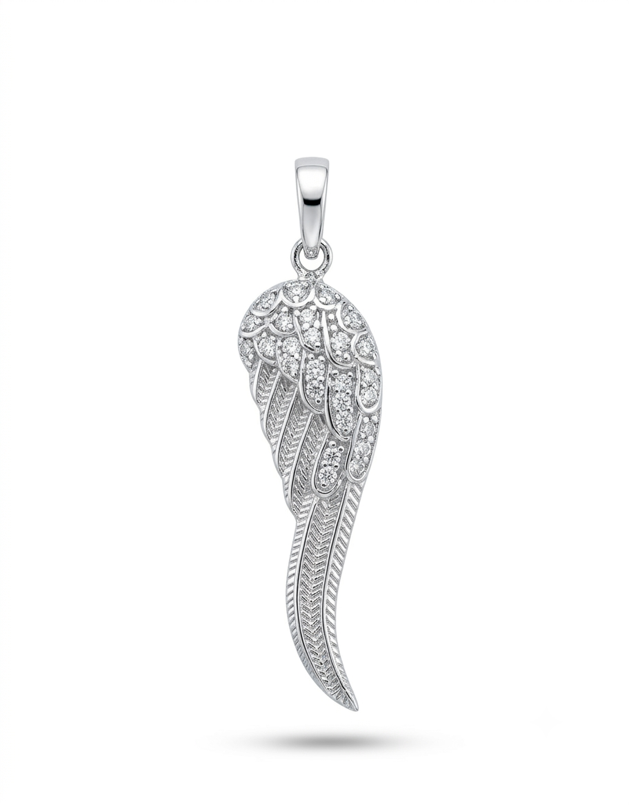 A silver angel wing pendant featuring intricate filigree and pavé detailing with clear stones, 