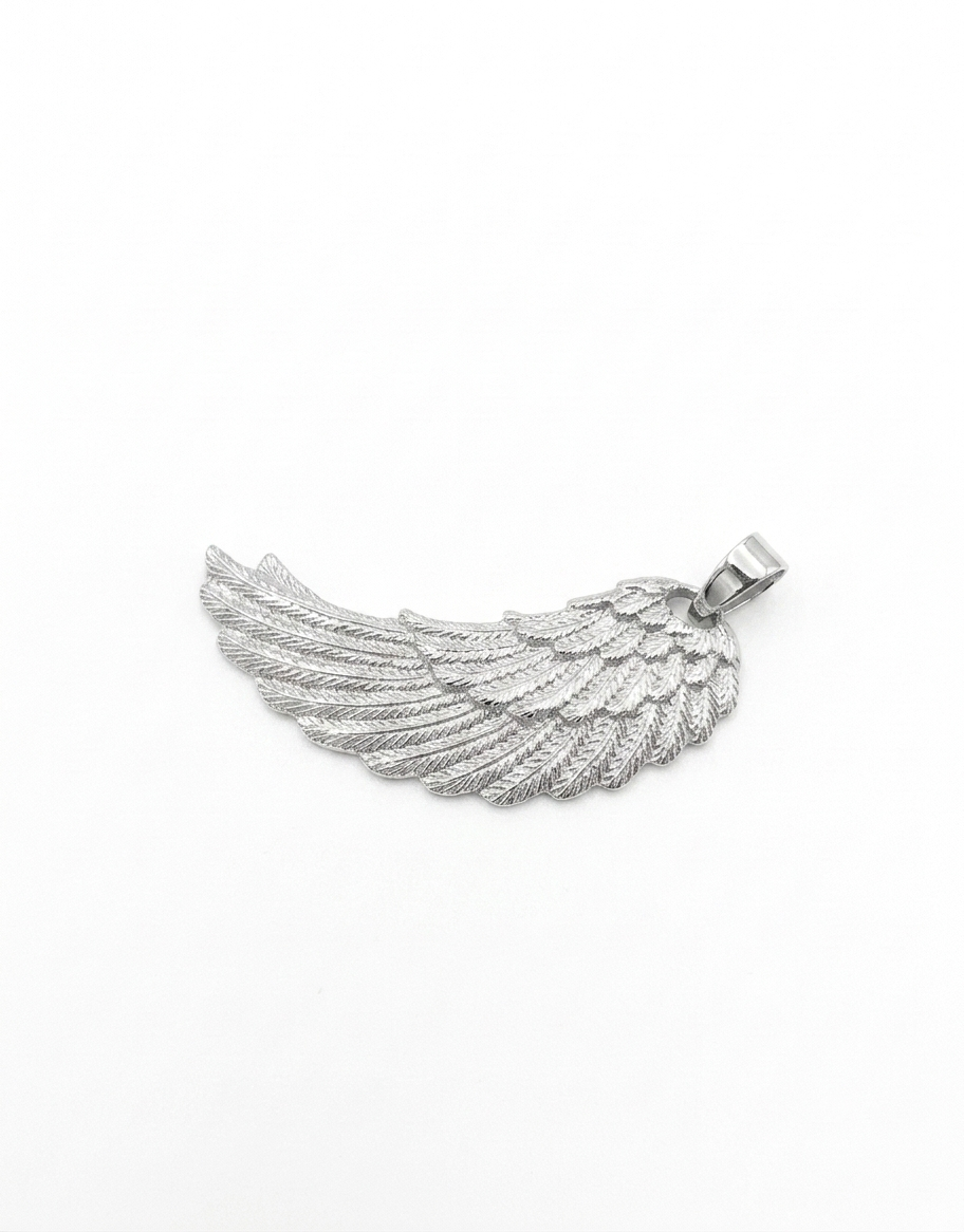 A silver angel wing pendant with detailed textured feathers and a polished bail,
