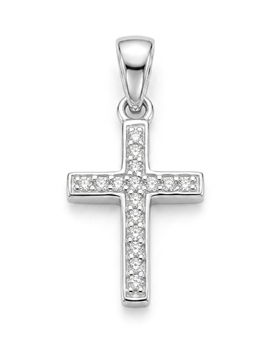 A silver cross pendant adorned with pavé-set clear stones,