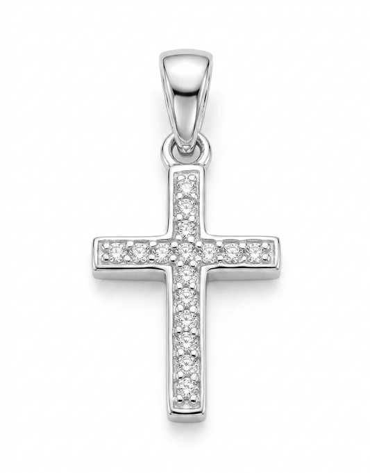 A silver cross pendant adorned with pavé-set clear stones,