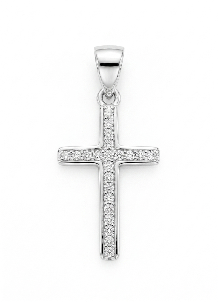 A silver cross pendant adorned with pavé-set clear stones, suspended from a polished bail,