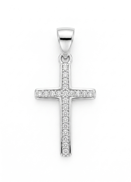 A silver cross pendant adorned with pavé-set clear stones, suspended from a polished bail,