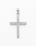Load image into Gallery viewer, A silver cross pendant adorned with small clear stones,
