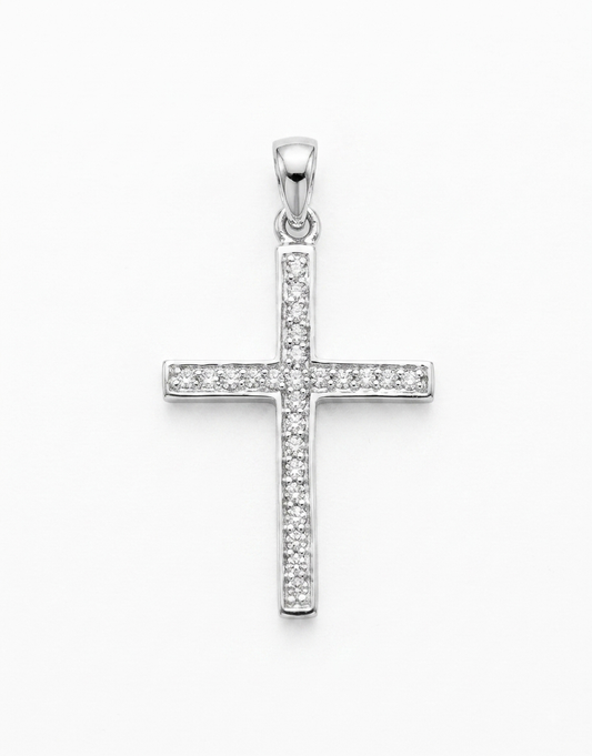 A silver cross pendant adorned with small clear stones,