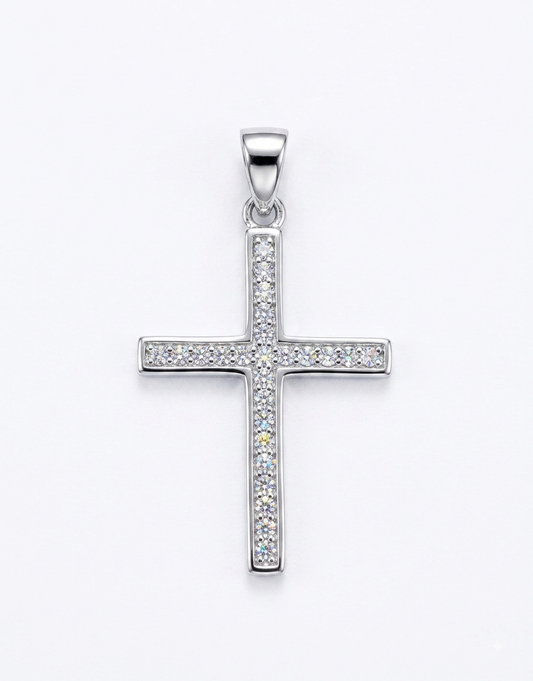 A silver cross pendant encrusted with small clear stones,