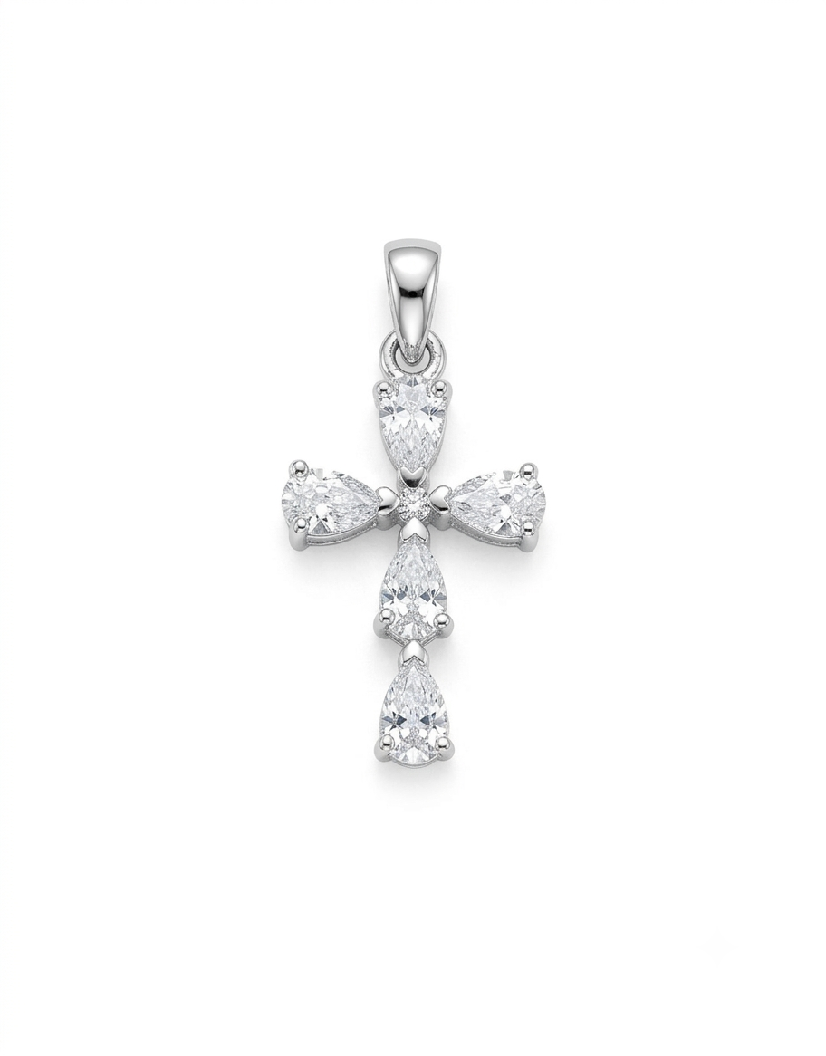 A silver cross pendant featuring pear-cut clear gemstones,