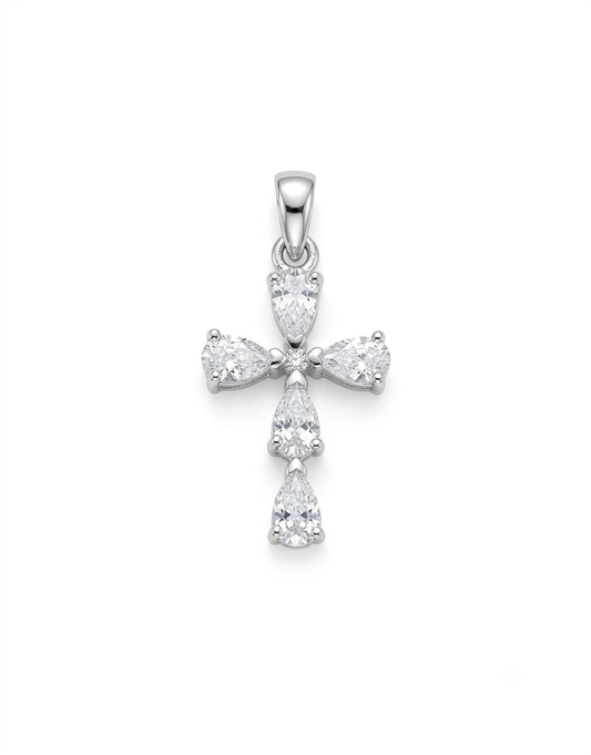 A silver cross pendant featuring pear-cut clear gemstones,