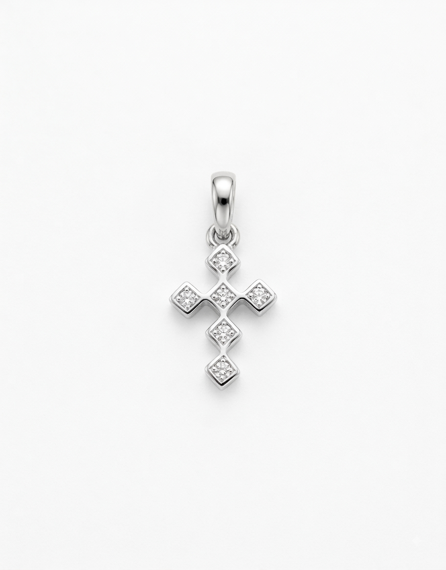 A silver cross pendant with four diamond-shaped crystal clusters,