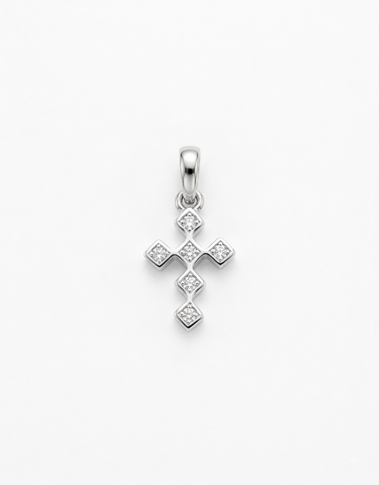 A silver cross pendant with four diamond-shaped crystal clusters,