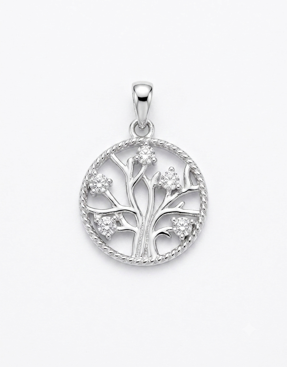 A silver pendant featuring a tree of life design with small clear stones on the branches, set within a circular frame with a twisted border,