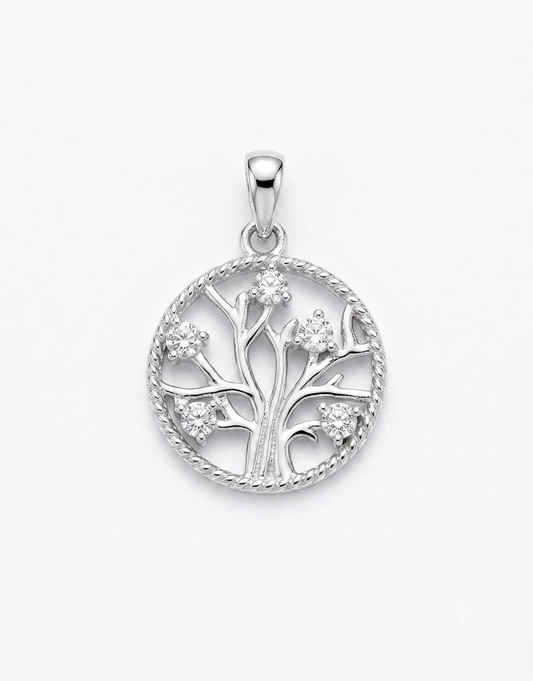 A silver pendant featuring a tree of life design with small clear stones on the branches, set within a circular frame with a twisted border,