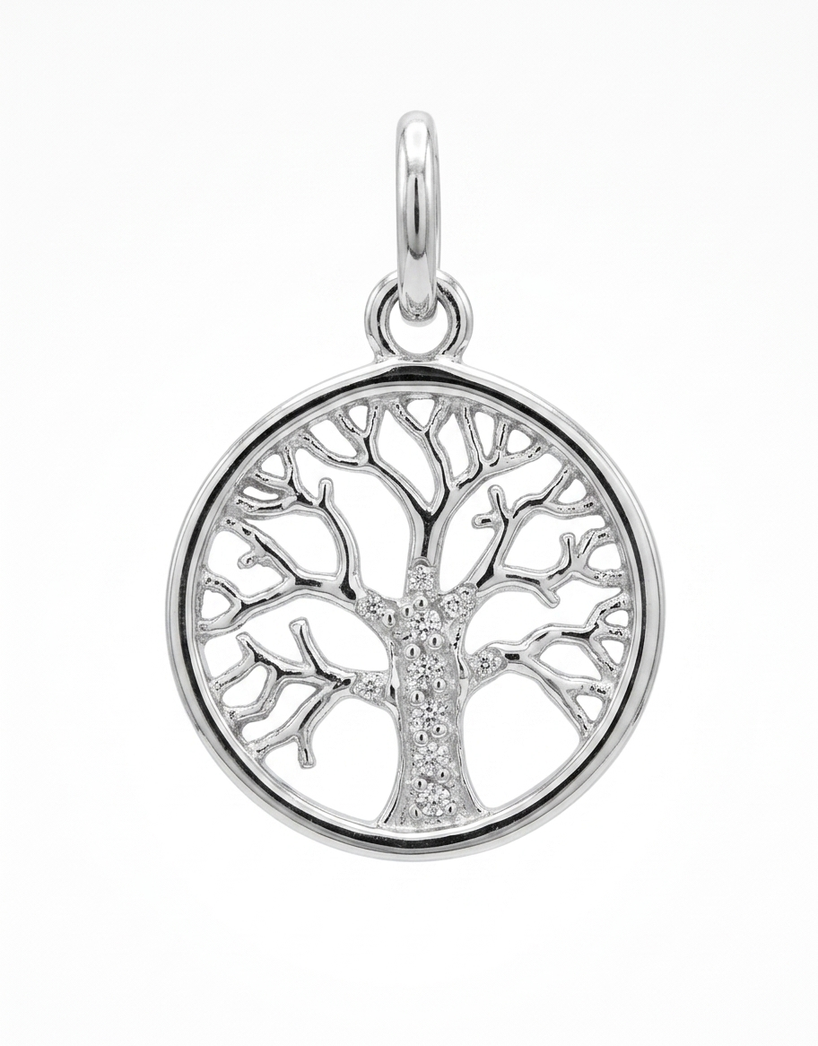 A silver tree of life pendant charm with a circular frame and a small cluster of clear stones along the trunk,