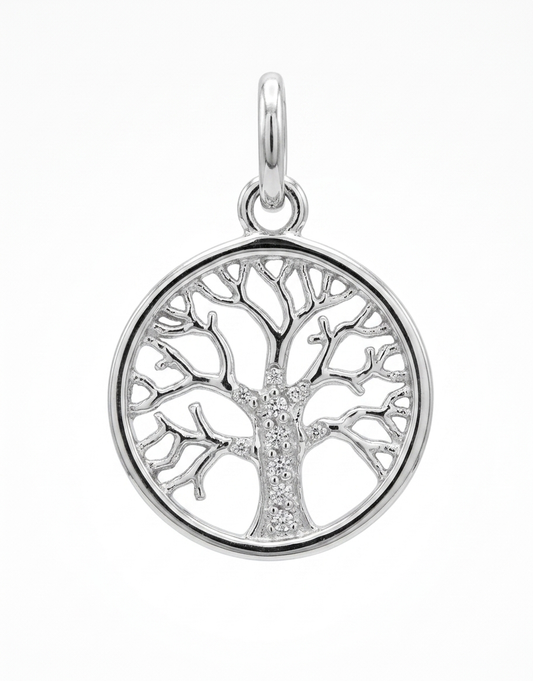 A silver tree of life pendant charm with a circular frame and a small cluster of clear stones along the trunk,