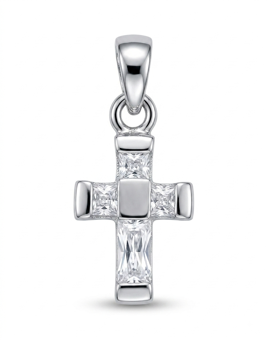 A sterling silver cross pendant featuring a central baguette-cut clear gemstone and smaller accent stones