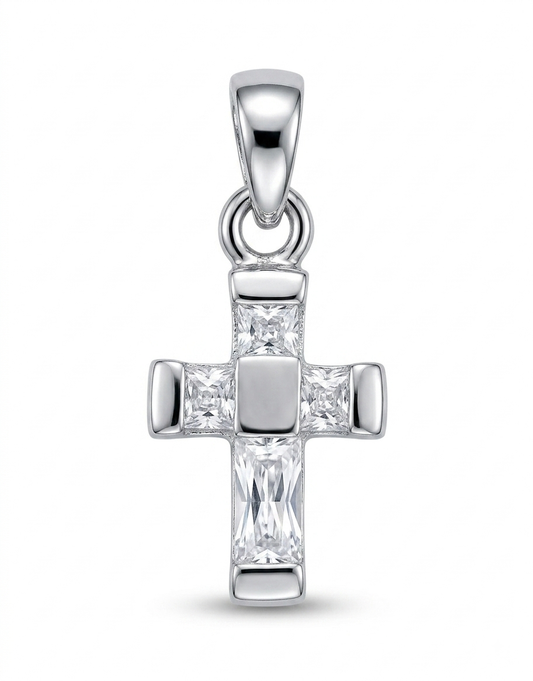 A sterling silver cross pendant featuring a central baguette-cut clear gemstone and smaller accent stones
