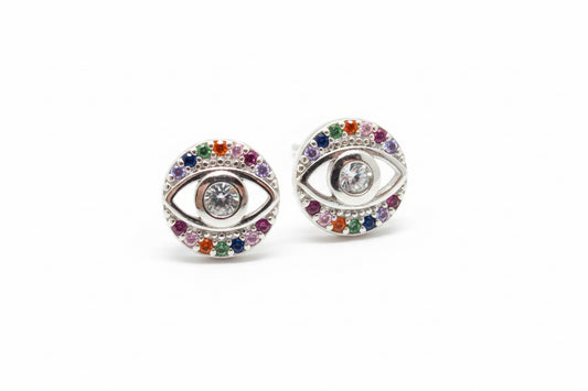 925 Sterling Silver Evil Eye stud earrings with colored Cubic Zirconia Stones
