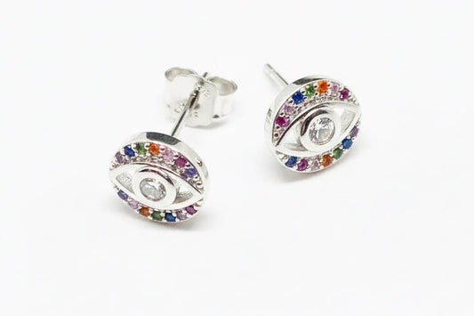 925 Sterling Silver Evil Eye stud earrings with colored Cubic Zirconia Stones