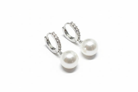 925 Sterling Silver Hoop hanging Pearl Earrings with Cubic Zirconia Stones