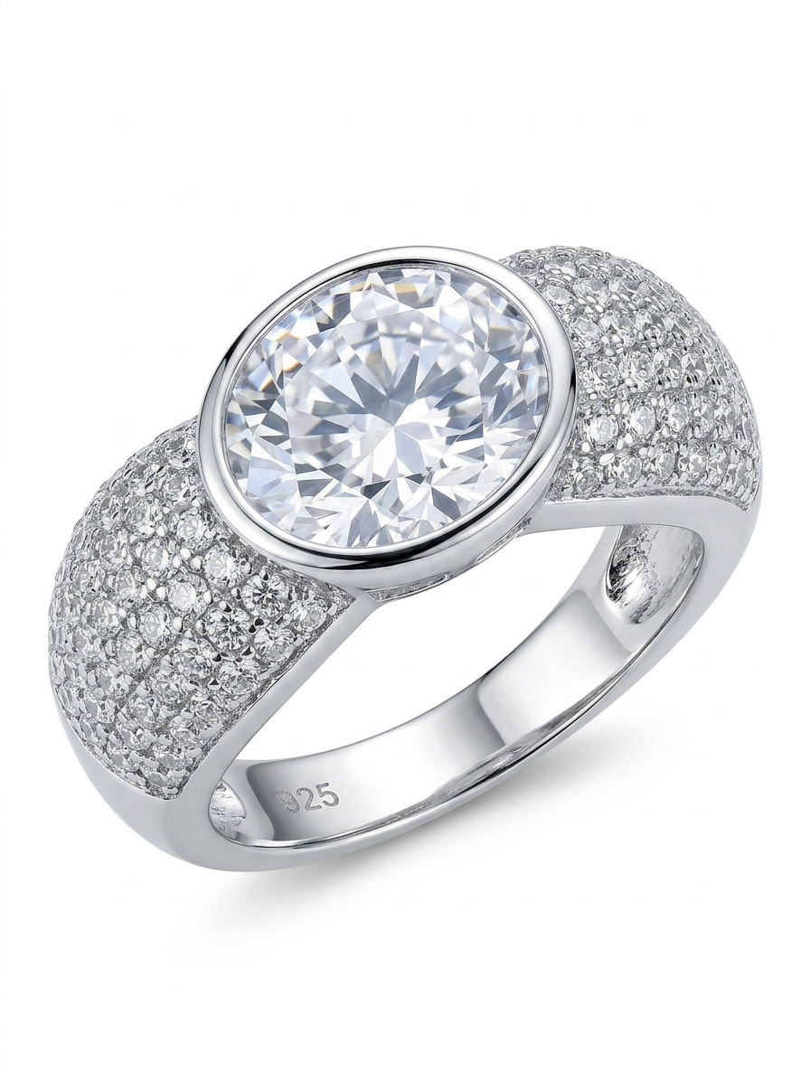 Bezel-Set Solitaire 925 Sterling Silver Ring with Pave-Set Band