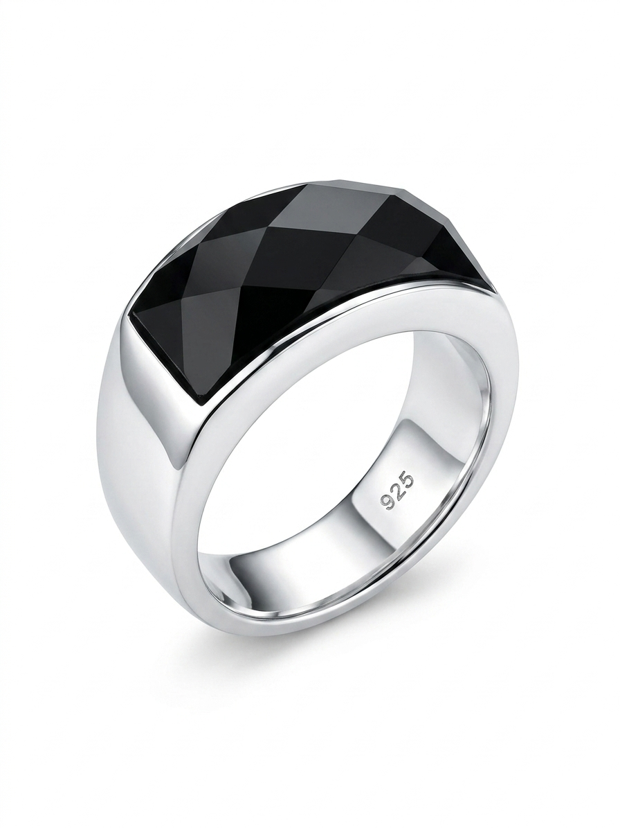 Black Gemstone Cigar Band 925 Sterling Silver Ring