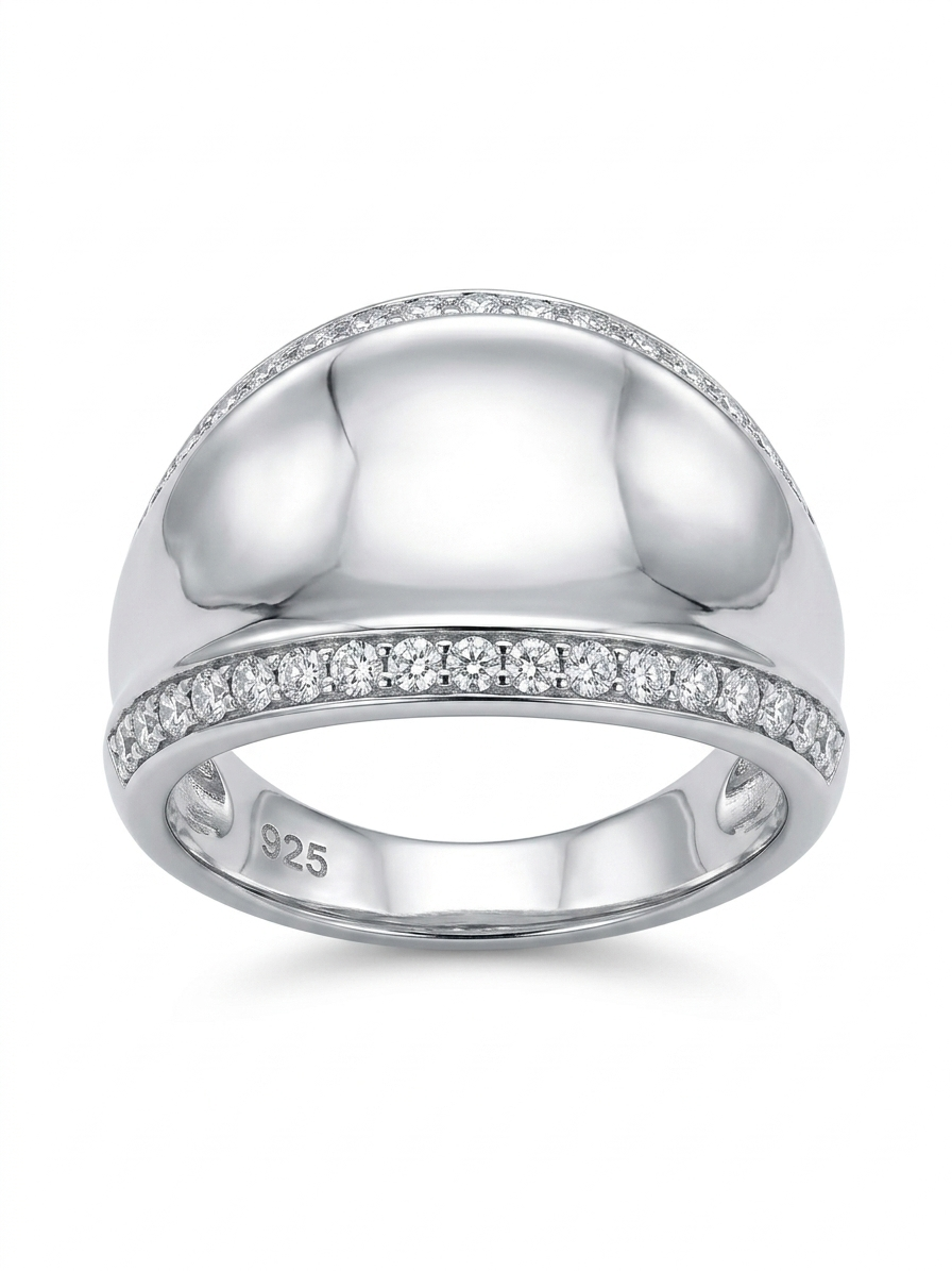 Bypass Dome 925 Sterling Silver Ring with Pave-Set