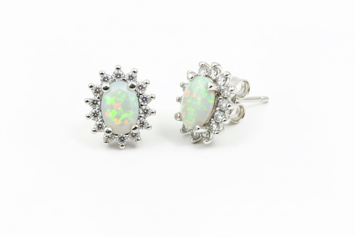 925 Sterling Silver Oval Opal stud Earrings
