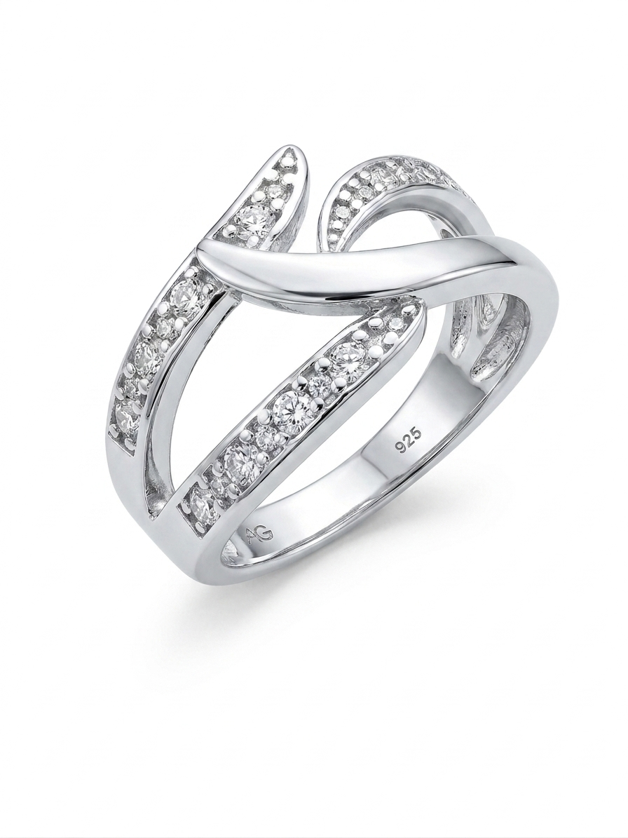 Crossover 925 Sterling Silver Ring with Cubic Zirconia Stones 