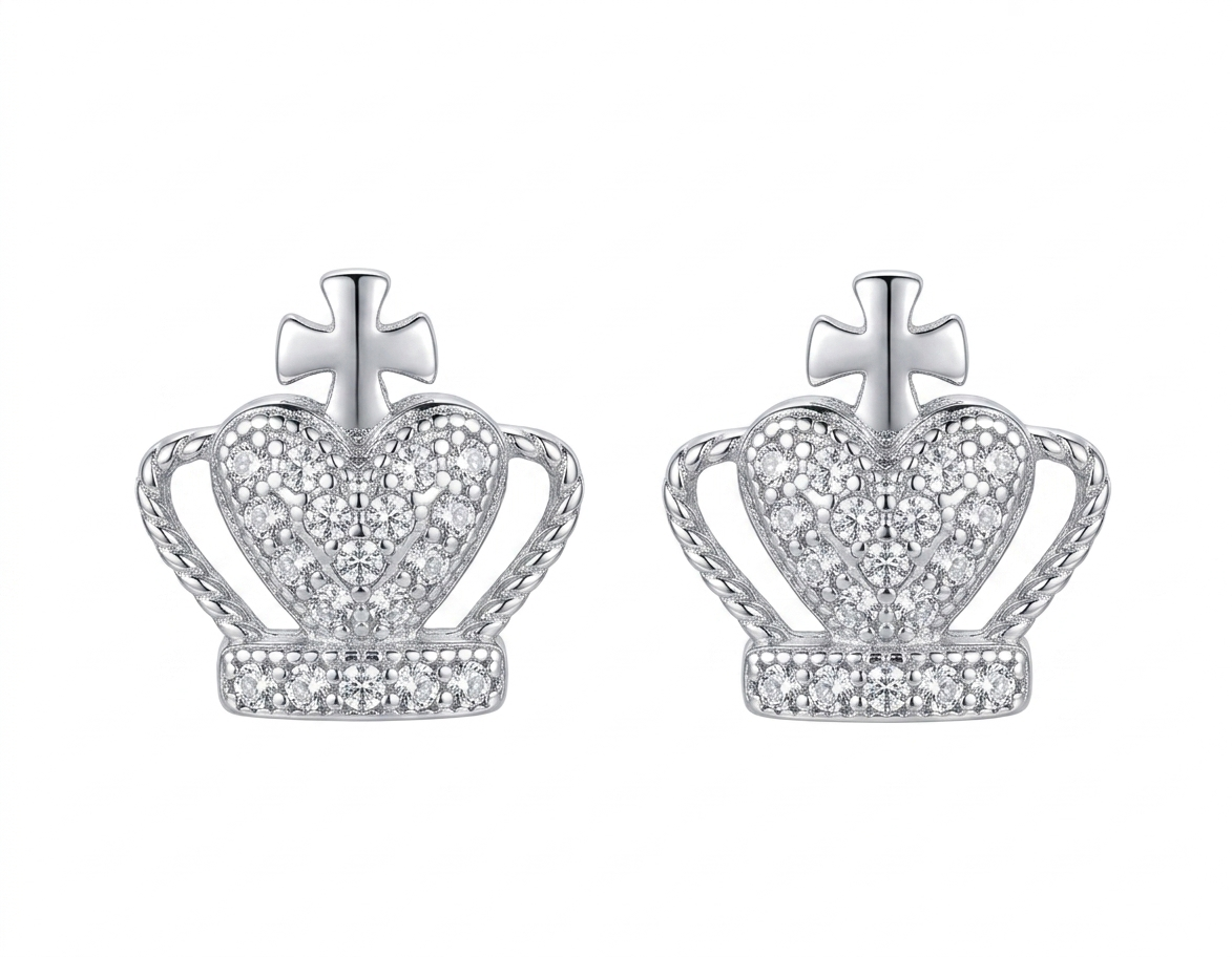 Crown shaped silver earrings with cubic zirconia
