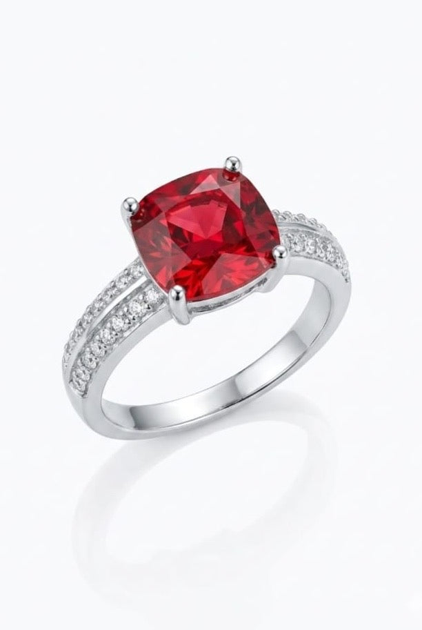 Cushion-Cut Ruby Solitaire 925 Sterling Silver Ring with Cubic Zirconia Accents