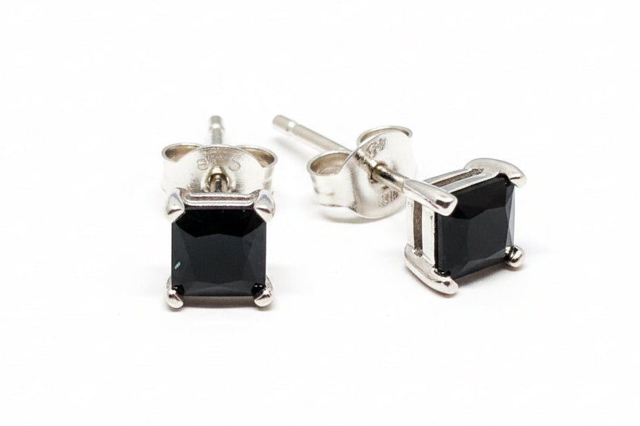 925 Sterling Silver Black Cubic Zirconia Stone Stud Earrings