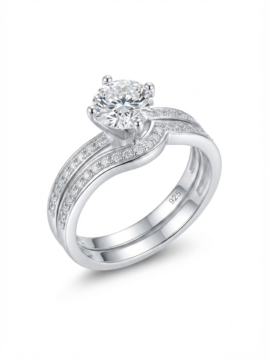 Destiny Solitaire & Chevron 925 Sterling Silver Ring 