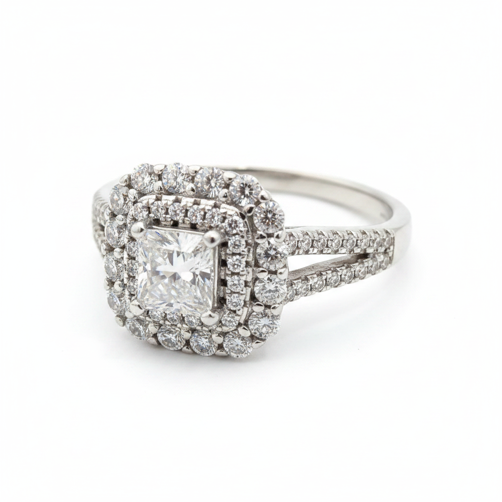 Double Halo Princess-Cut 925 Sterling Silver Ring with Split Shank