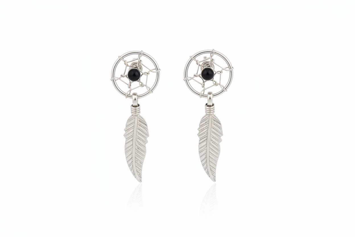 925 Sterling Silver Black Dream Catcher  Stud Earring
