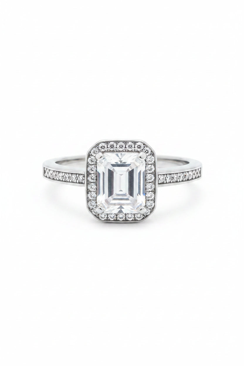 Emerald-Cut Halo 925 Sterling Silver Ring