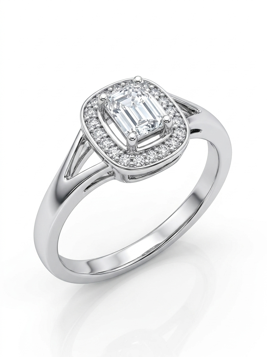 Emerald-Cut Halo 925 Sterling Silver Ring with split shank