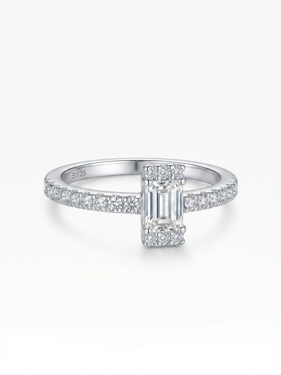 Emerald Cut Pavé 925 Sterling Silver Ring 