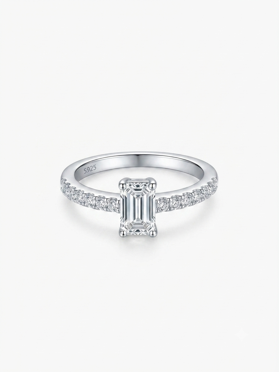Emerald Cut Pavé Sterling Silver Ring 