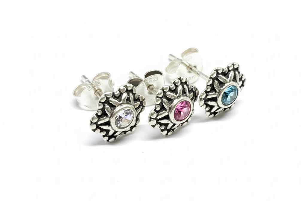 Vintage-Style Starburst 925 Sterling Silver decorative earrings with color Cubic Zirconia 