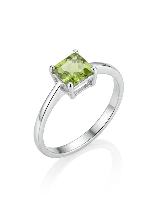 Green Square Cut Solitaire 925 Sterling Silver Ring