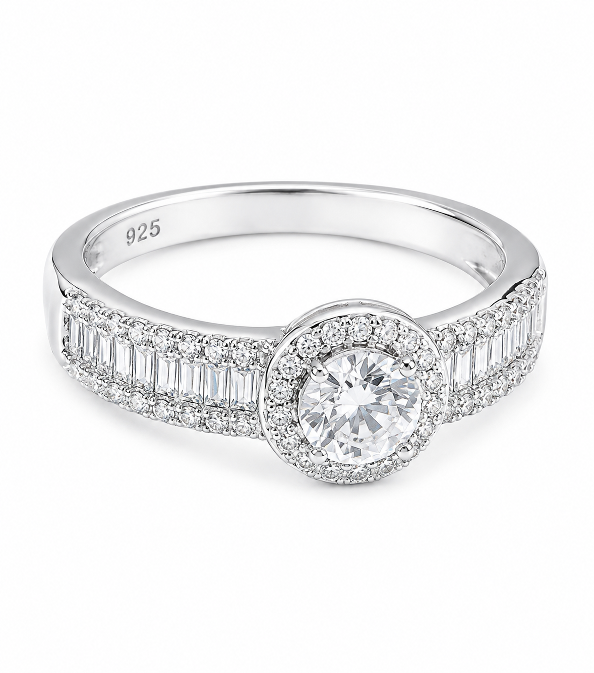 Halo 925 Sterling Silver Ring with Baguette-Cut Side Stones