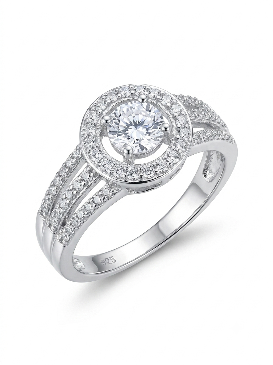 Halo 925 Sterling Silver Ring with Split Shank