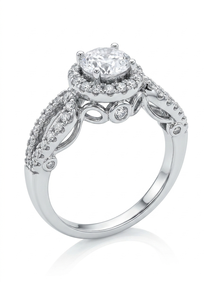 Halo 925 Sterling Silver Ring with intricate, decorative gallery
