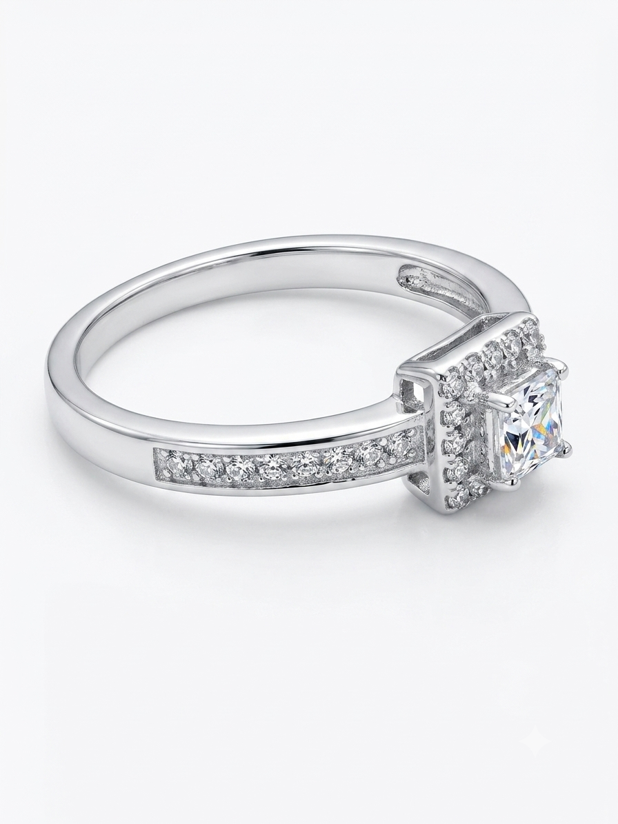 Halo Princess-Cut  925 Sterling Silver Ring with side-stone setting