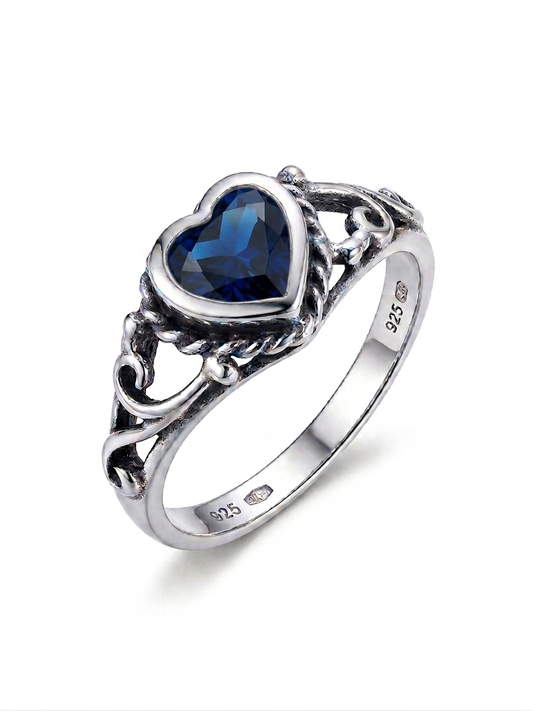 Heart Shaped Filigree with Blue Cubic Zirconia 925 Sterling Silver Ring