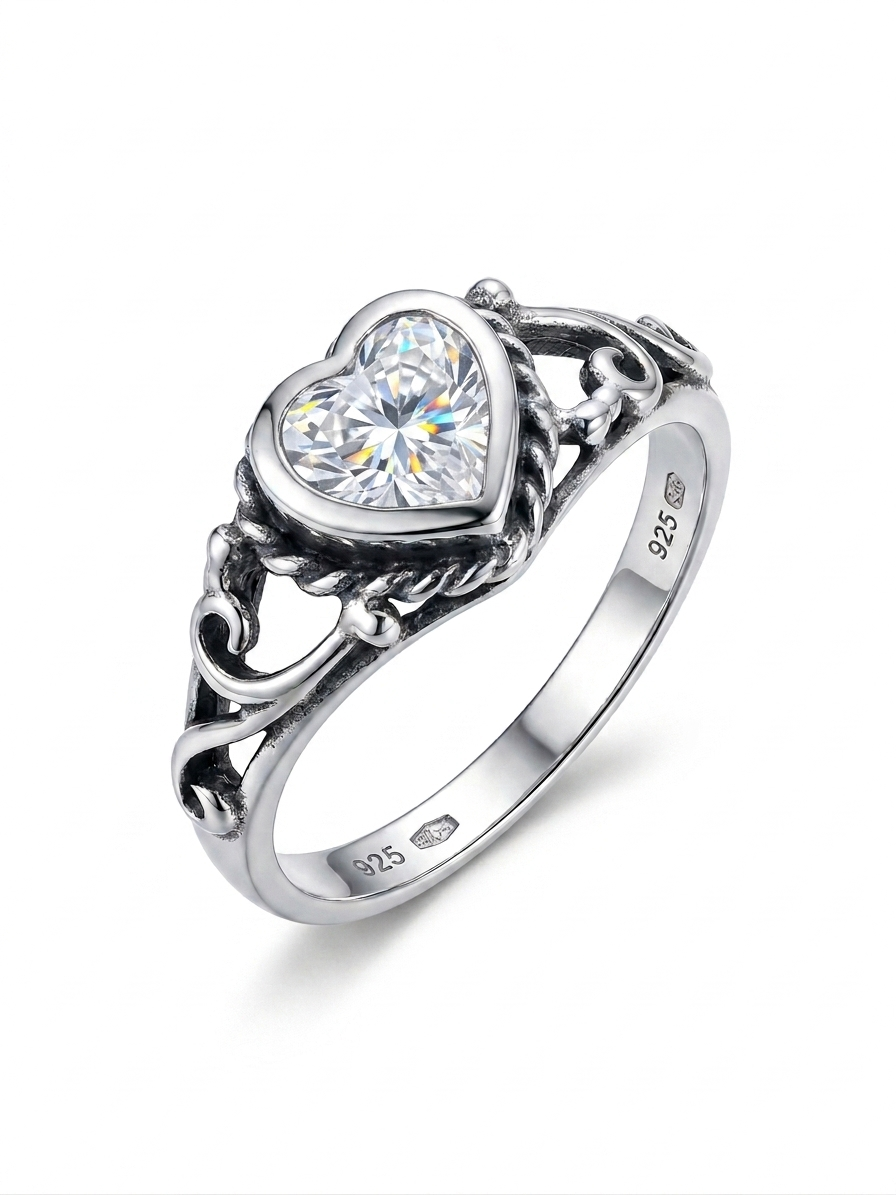 Heart Shaped Filigree with Cubic Zirconia 925 Sterling Silver Ring